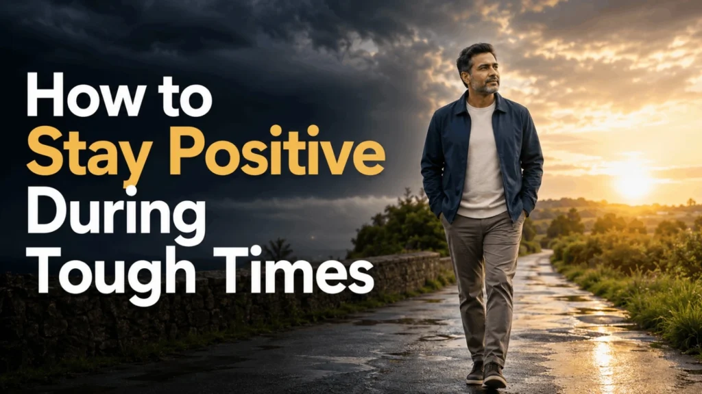 A mature man walking confidently on a country path from dark stormy weather into sunlight, symbolizing resilience and staying positive during tough times.