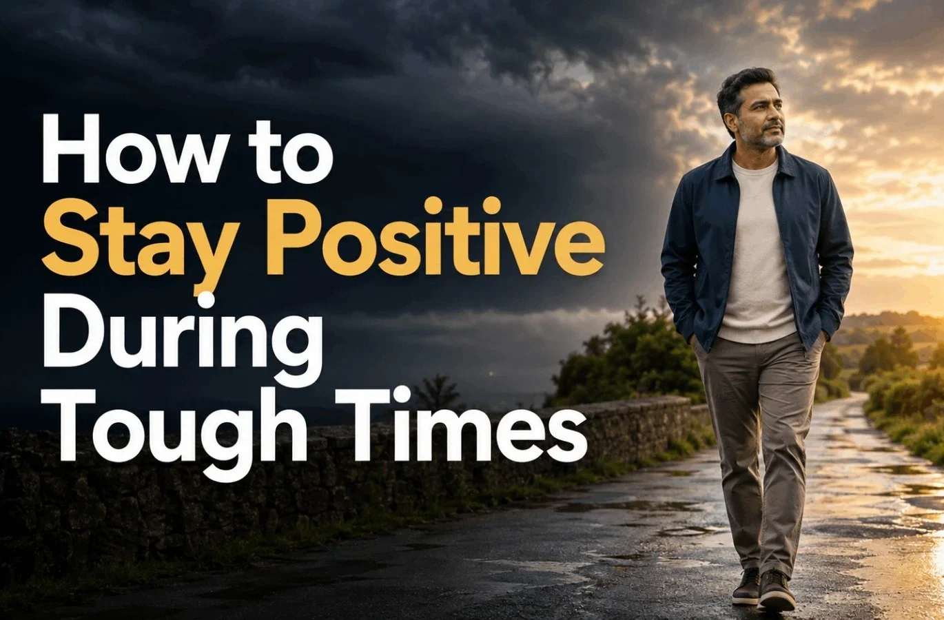 A mature man walking confidently on a country path from dark stormy weather into sunlight, symbolizing resilience and staying positive during tough times.