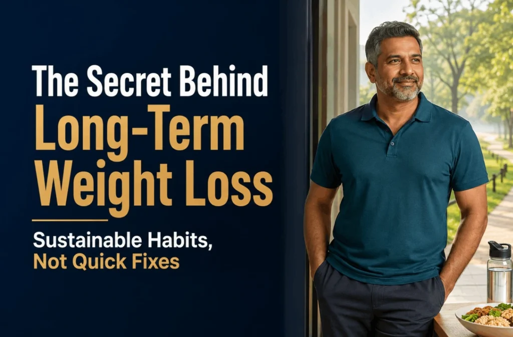 Long term weight loss secret showing sustainable habits and healthy lifestyle over quick fixes