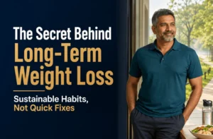 Long term weight loss secret showing sustainable habits and healthy lifestyle over quick fixes