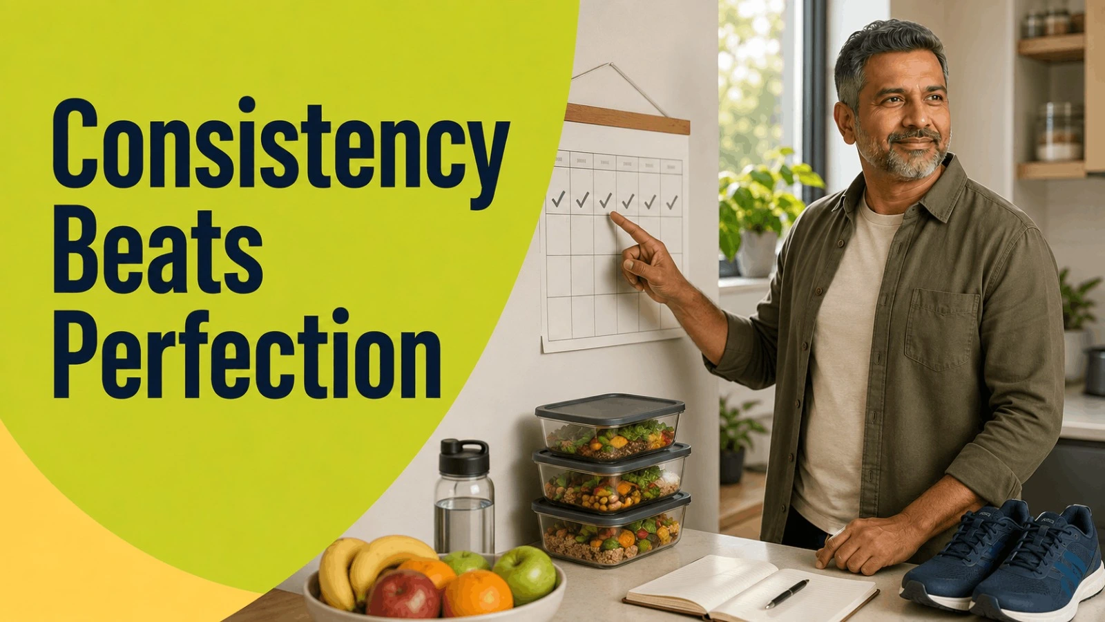 Consistency beats perfection for long term weight loss showing a man tracking daily habits on a calendar
