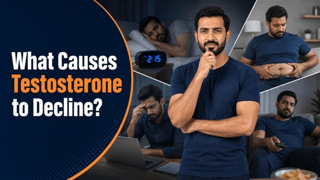 What causes testosterone levels to decline with age and lifestyle factors