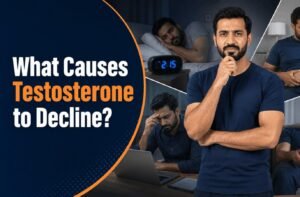 What causes testosterone levels to decline with age and lifestyle factors