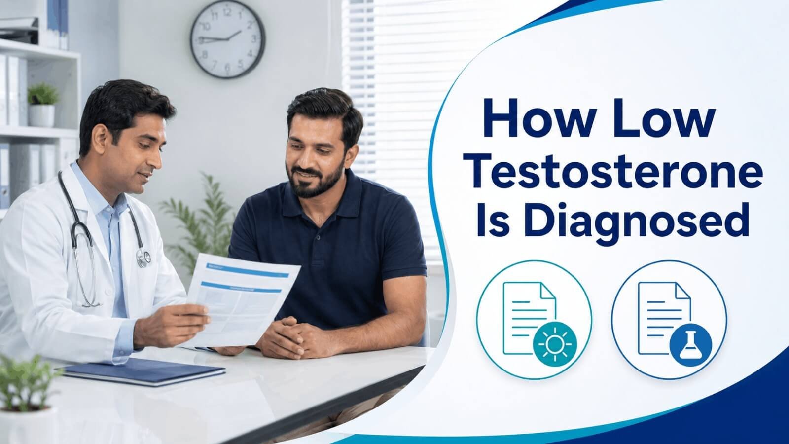 Doctor explaining blood tests and medical evaluation for low testosterone diagnosis
