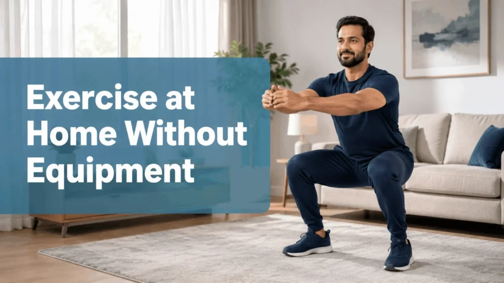 Man performing bodyweight squat exercise at home without equipment in living room
