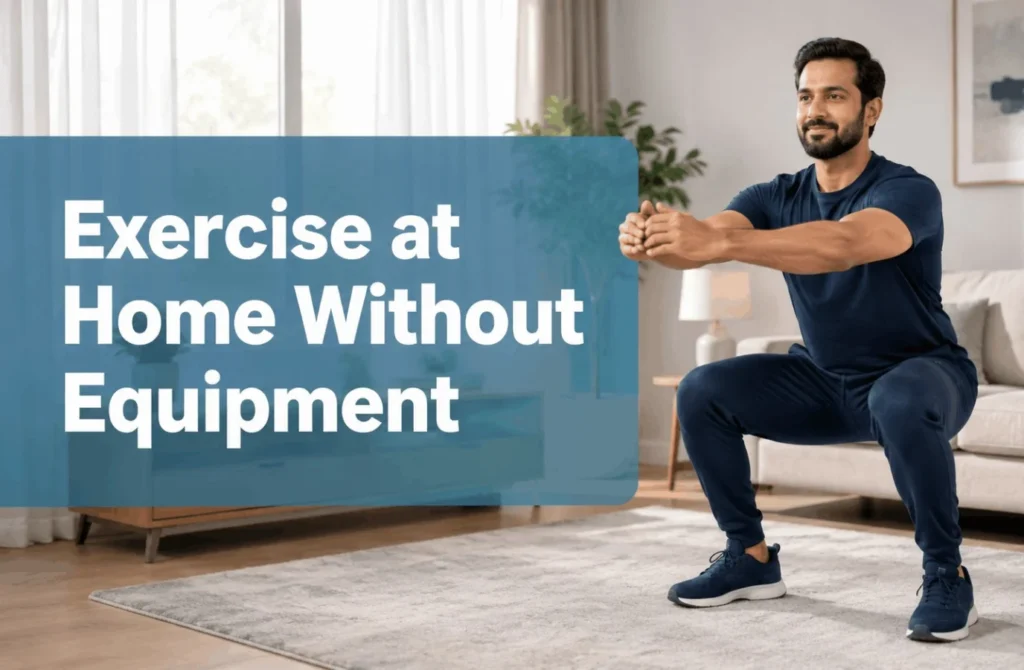 Man performing bodyweight squat exercise at home without equipment in living room