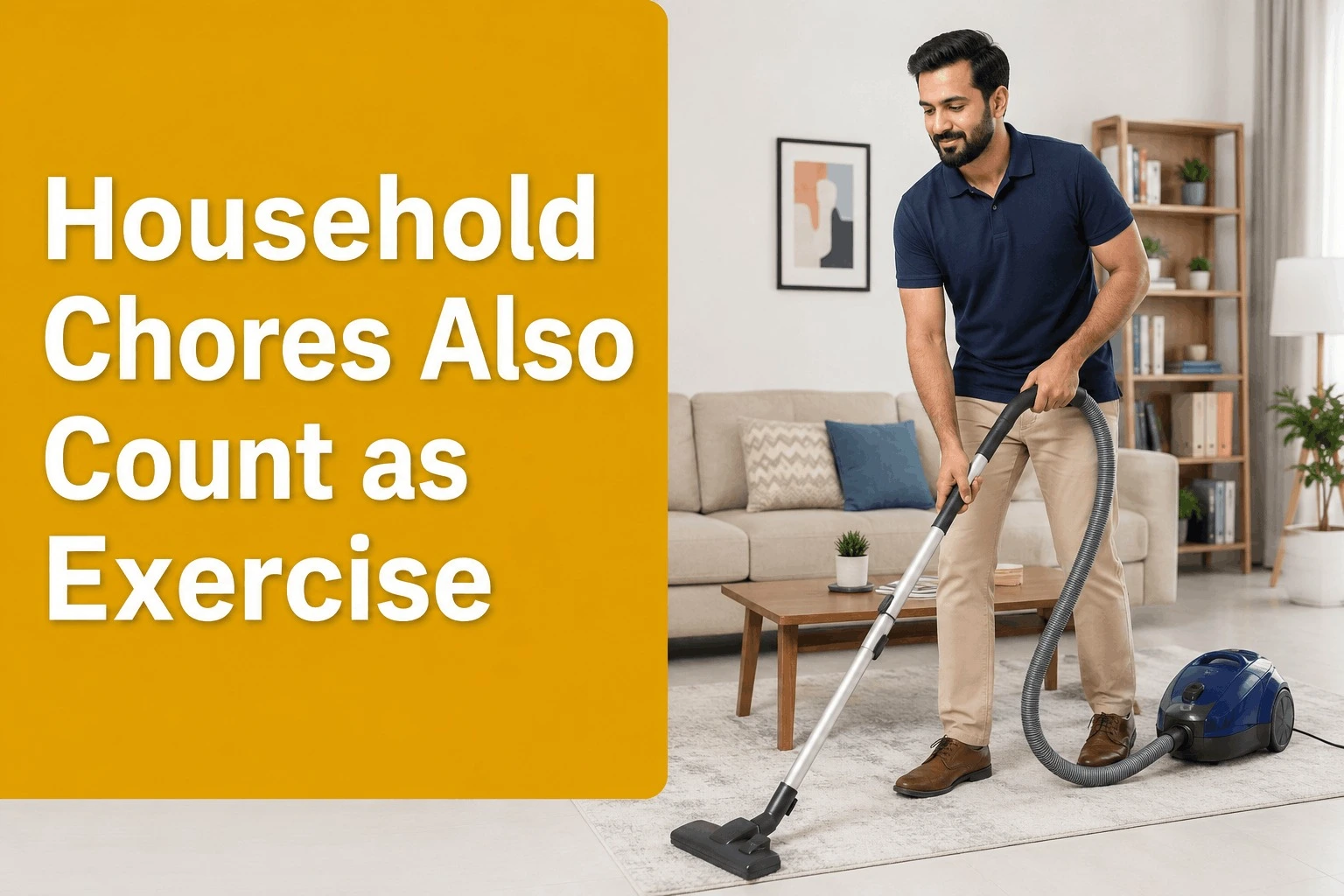 Man vacuuming carpet showing how household chores count as physical activity
