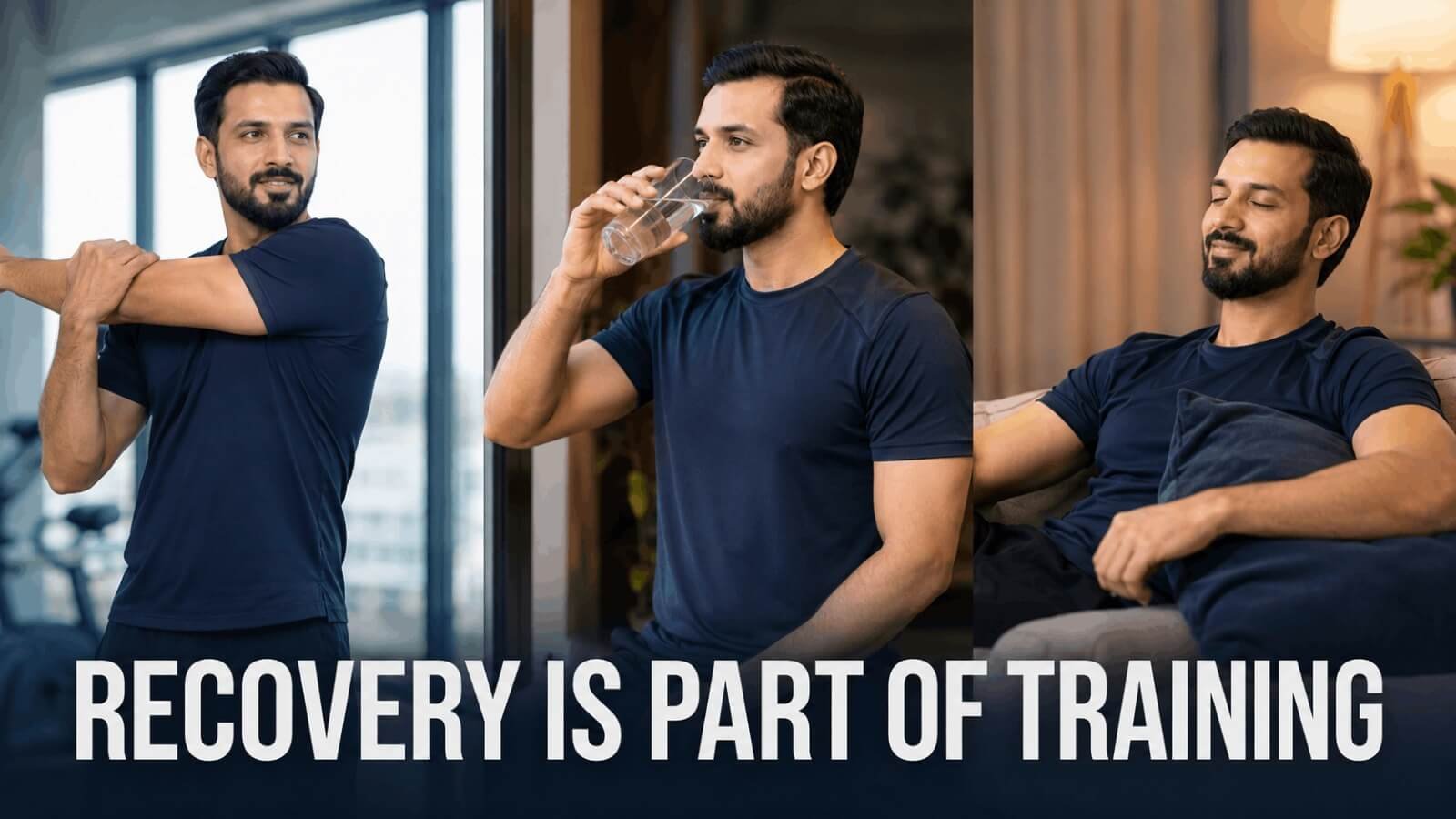 Recovery is part of training illustration showing stretching, hydration, and resting on couch.