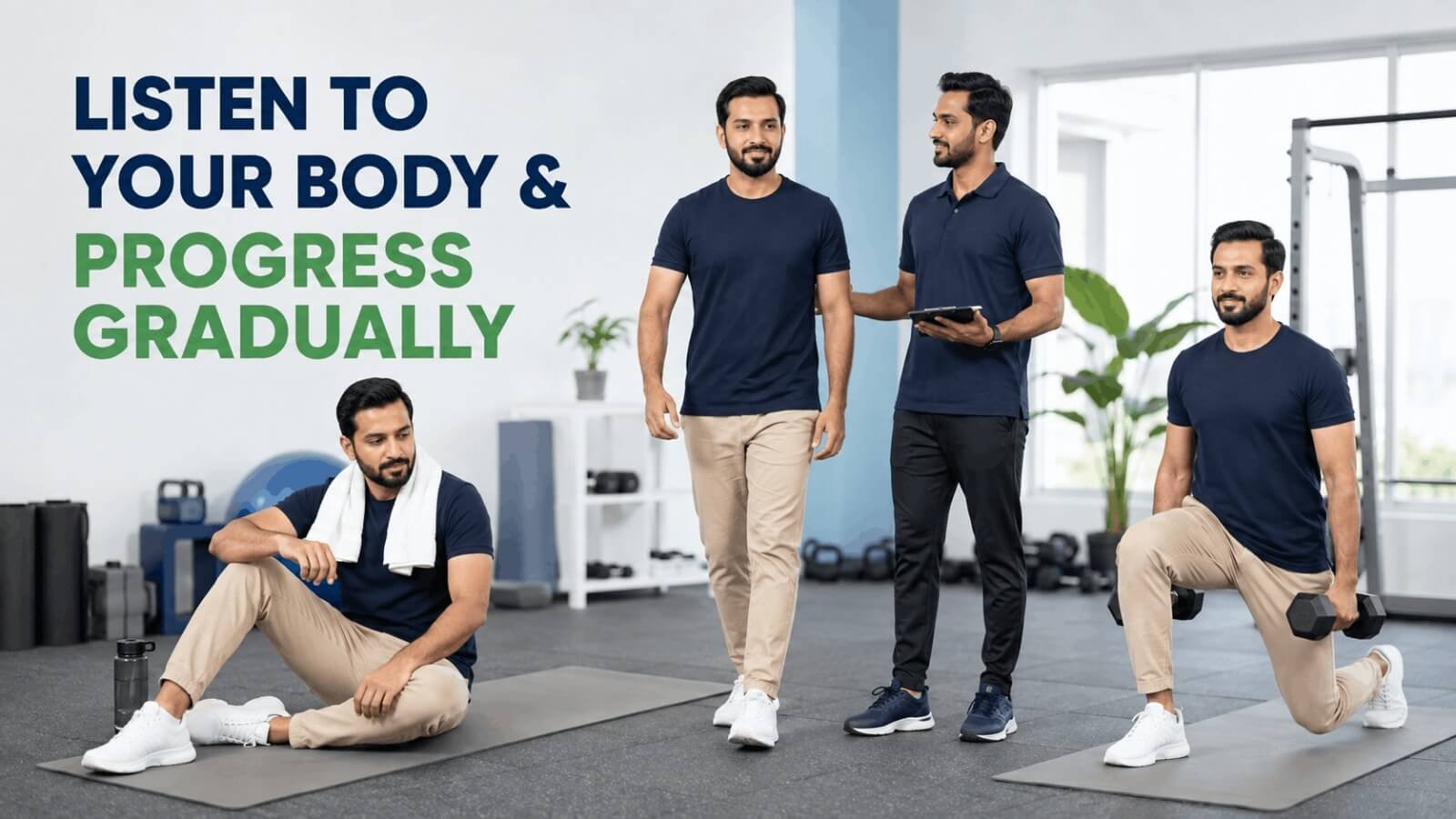 Advice banner to listen to your body and progress gradually to avoid overtraining after 40.