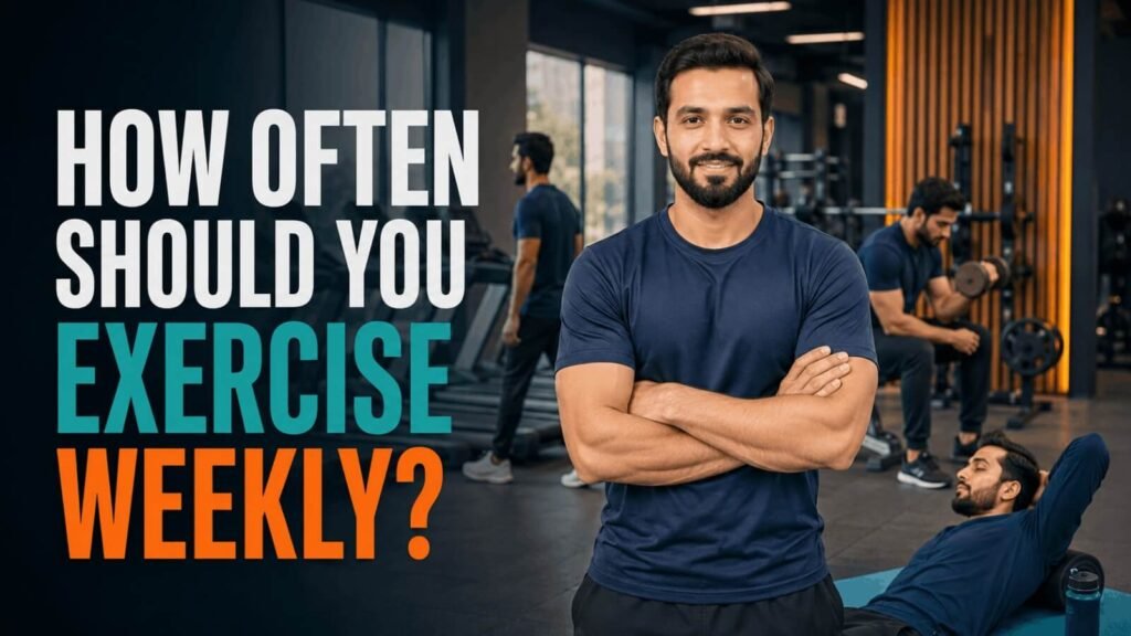 Banner image asking how often should you exercise weekly with a fitness trainer in a gym.