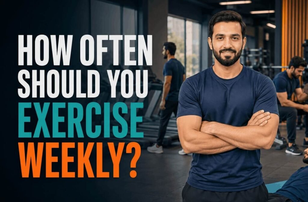 Banner image asking how often should you exercise weekly with a fitness trainer in a gym.