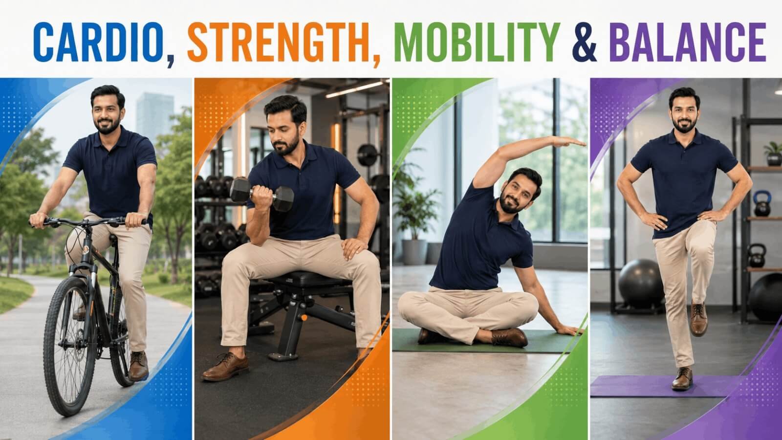 Four fitness components including cardio, strength, mobility, and balance exercises.