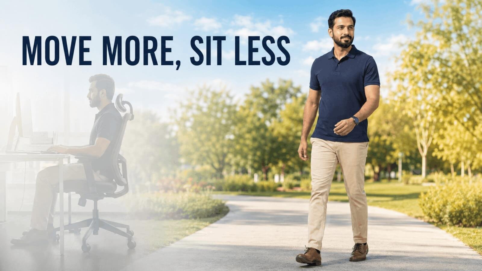 Move more sit less infographic showing daily walking concept for how much exercise per week.