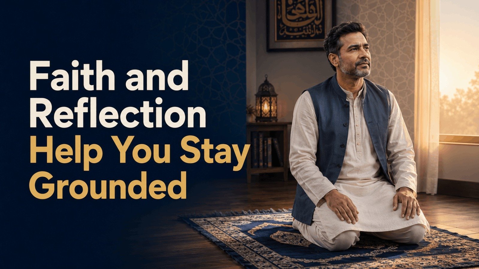 A man sitting on a prayer mat in a peaceful room, highlighting how faith and reflection help you stay grounded during stressful periods.