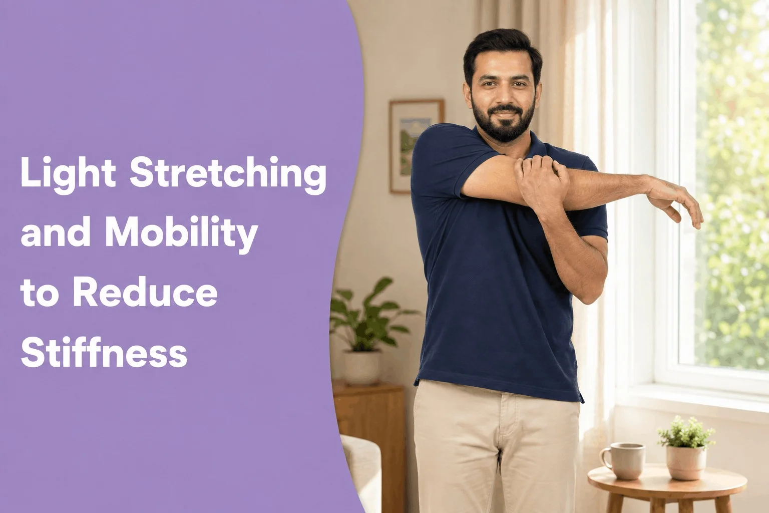 Man performing shoulder stretch for light stretching and mobility to reduce stiffness