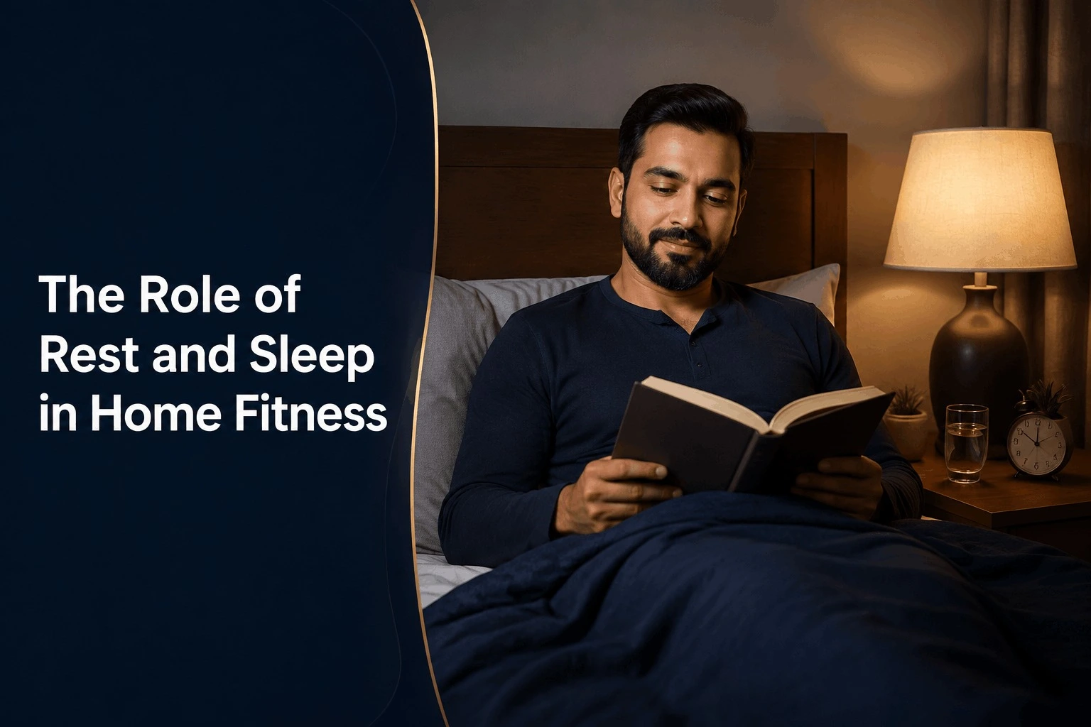 Man reading a book in bed illustrating the role of rest and sleep in home fitness