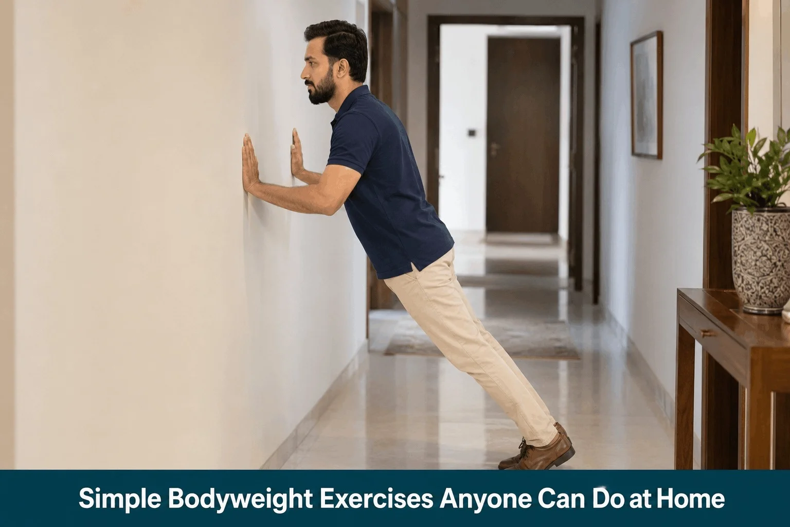 Man doing wall push-ups as part of simple bodyweight exercises at home without equipment