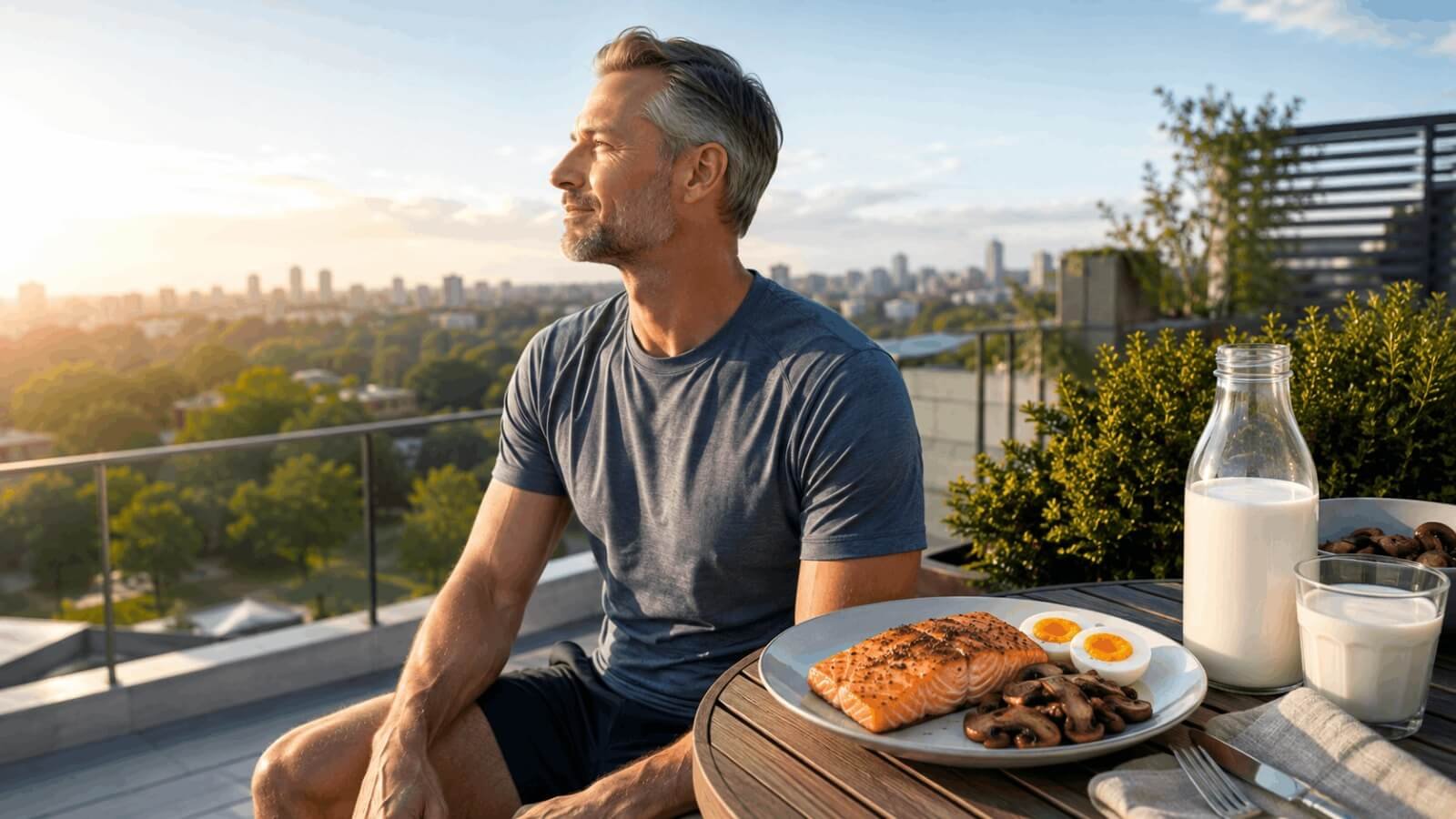 A fit man sitting outdoors enjoying a protein-rich post-workout meal featuring grilled salmon, boiled eggs, mushrooms, and a glass of milk.