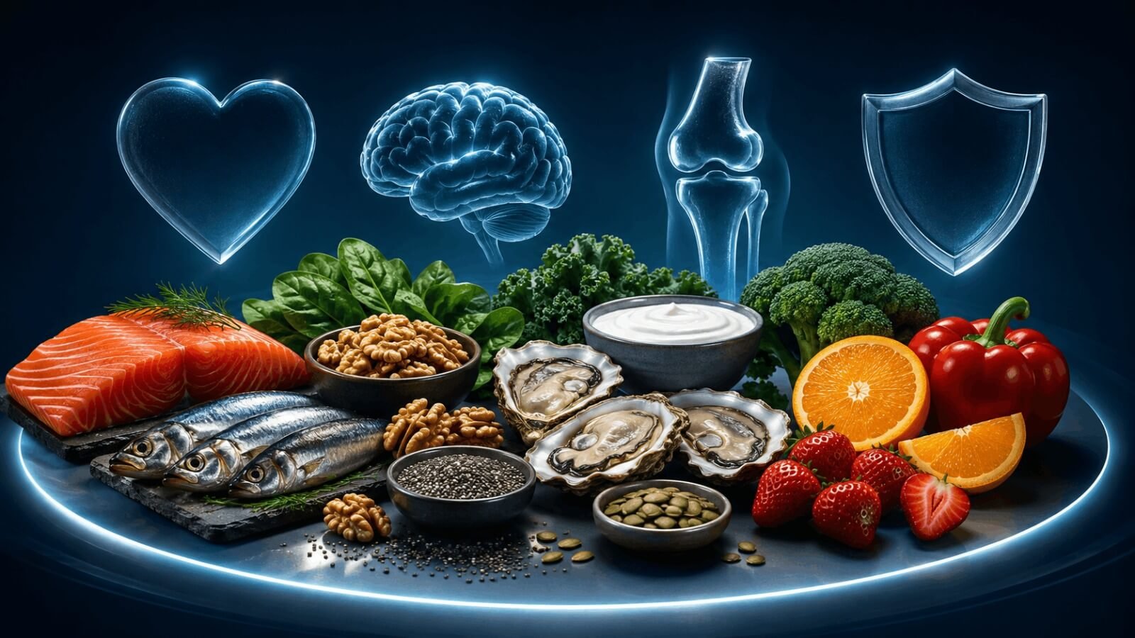 A spread of nutrient-dense whole foods like salmon, berries, and leafy greens with glowing icons illustrating heart, brain, joint, and immune support for physical recovery.
