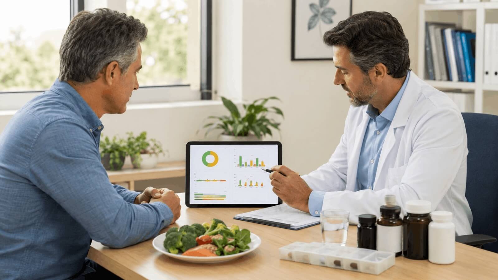 A man over 40 discussing muscle recovery, age-based nutrition, and supplement charts with a doctor in a medical consultation room.