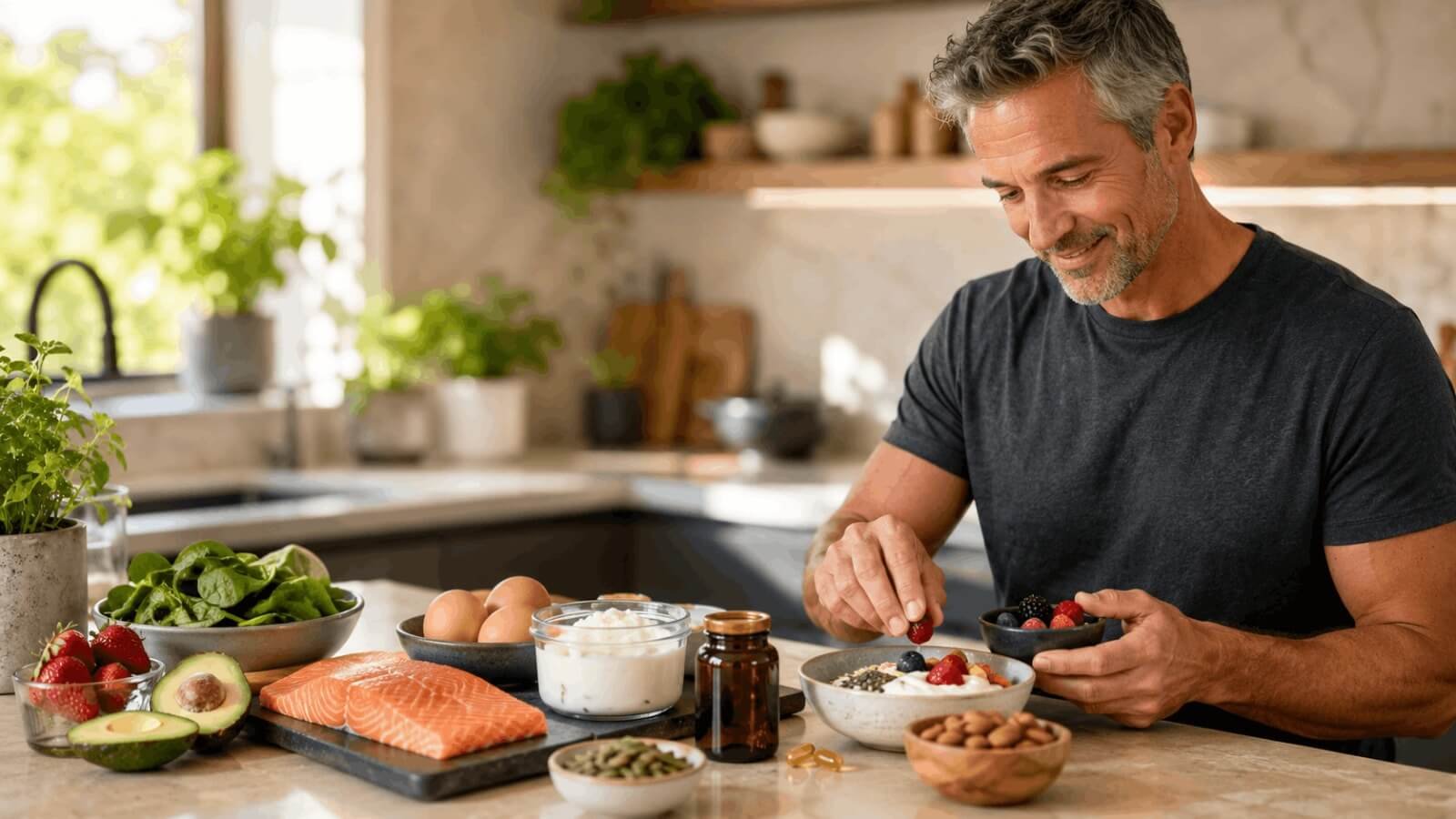 A man in the kitchen preparing a healthy breakfast bowl with berries, nuts, eggs, and fresh salmon for foundational workout recovery.