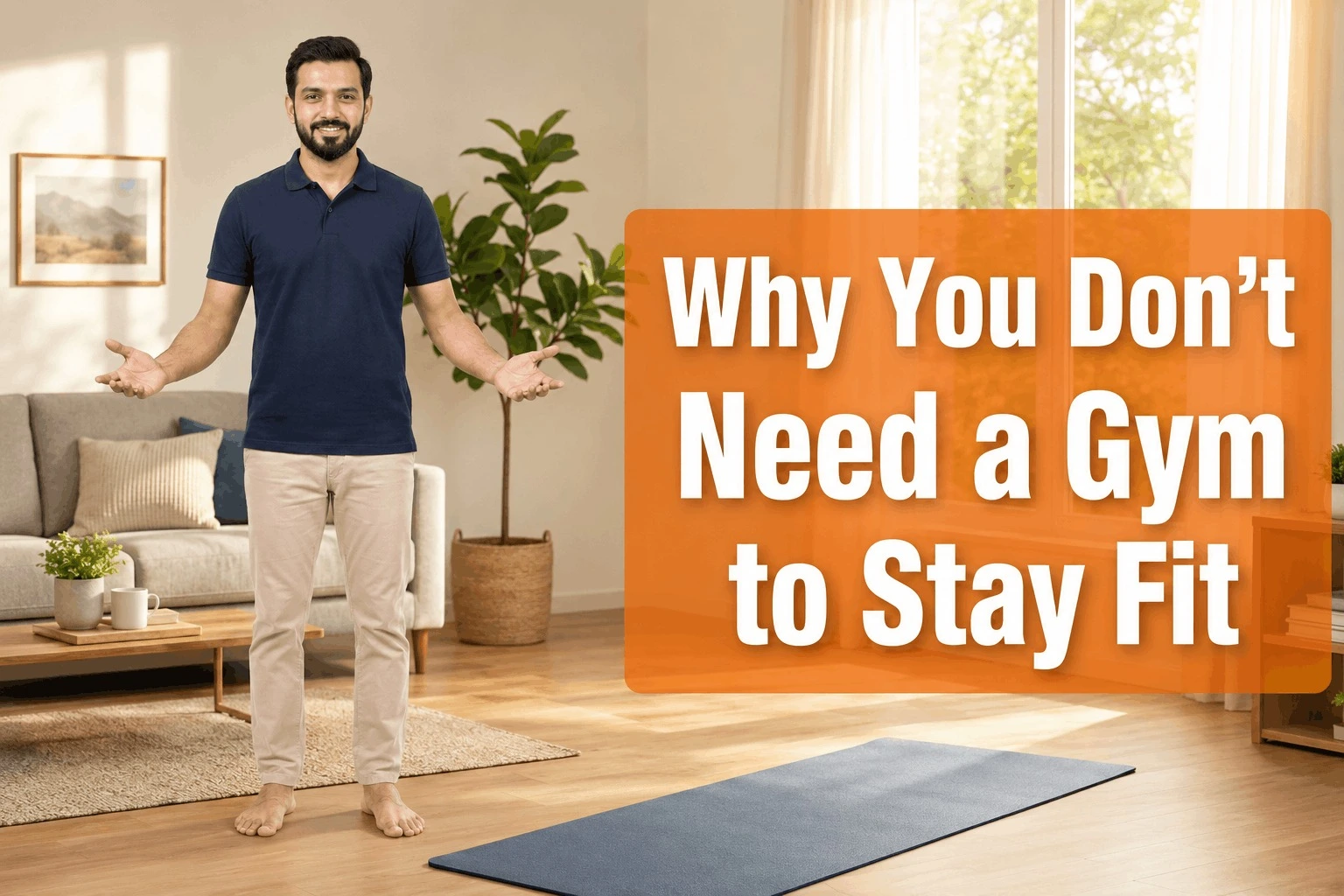 Fit man standing on yoga mat explaining why you don't need a gym to exercise at home