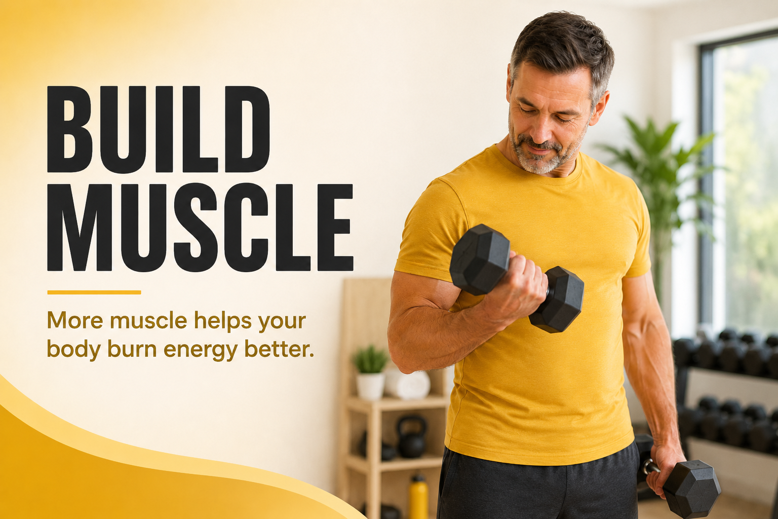 An athletic man over 40 training with dumbbells in a gym, text overlay 'Build Muscle'