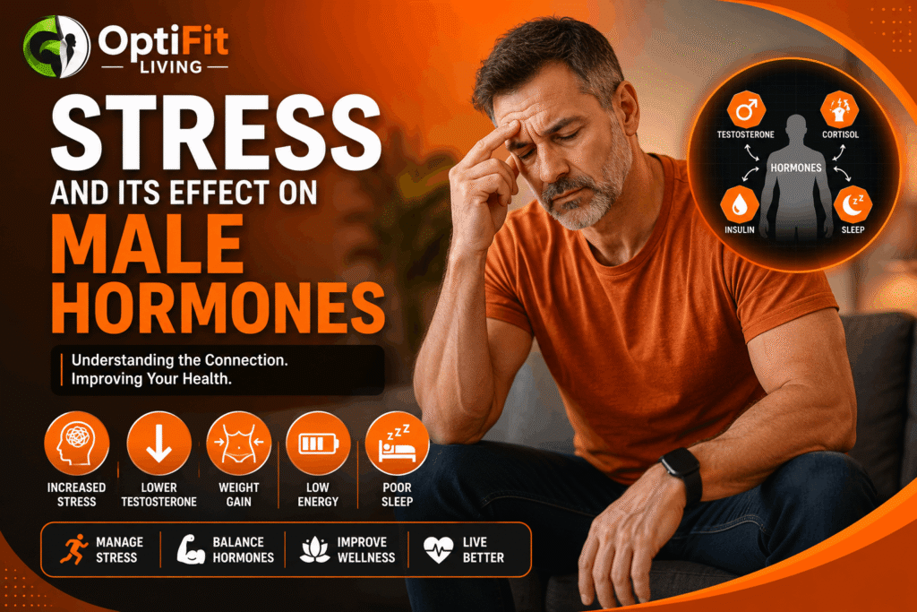 Middle-aged man managing stress and supporting male hormone health through calm breathing and healthy lifestyle habits