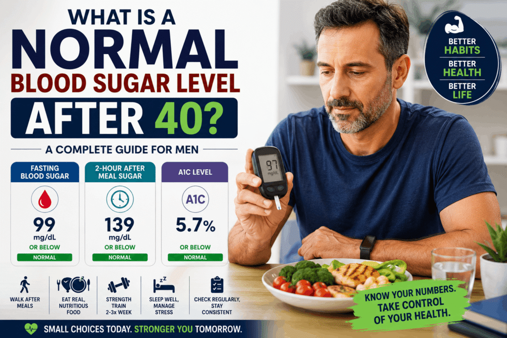 Normal blood sugar level after 40 guide for men checking glucose, energy, belly fat, and healthy lifestyle habits.