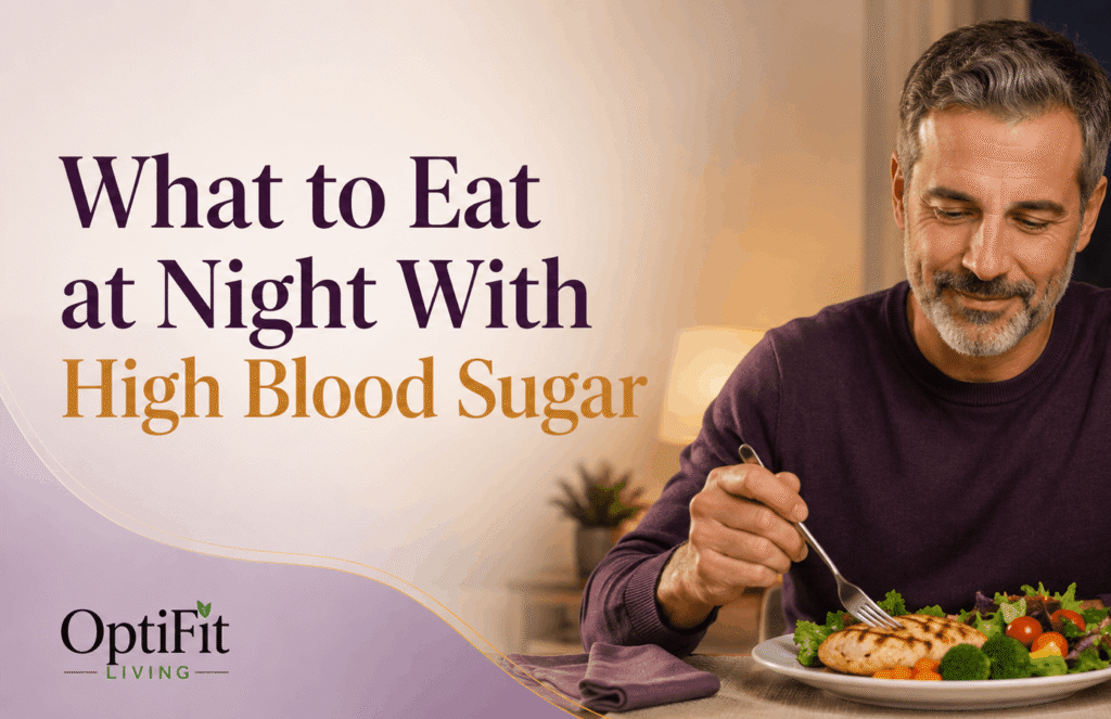 What to eat at night with high blood sugar after 40, showing a healthy dinner plate for men managing blood sugar.