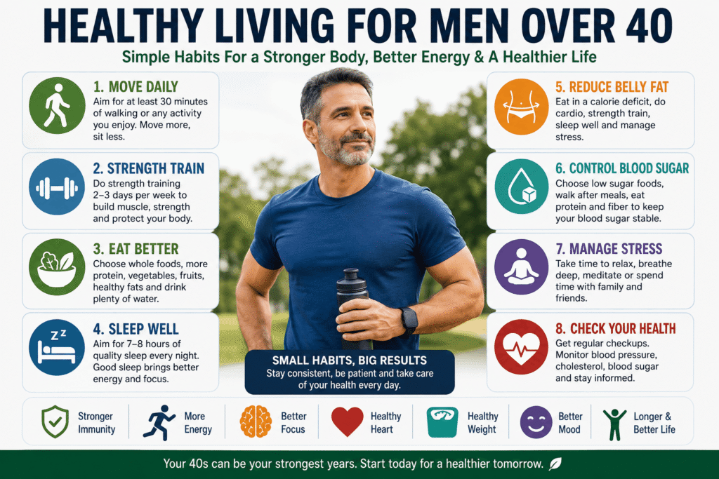 Healthy living for men over 40 with fitness, food, sleep, energy, and daily wellness habits