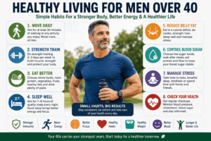 Healthy Living for Men Over 40: Complete Guide to Fitness, Food, Belly Fat, Energy, Sleep, and Daily Habits