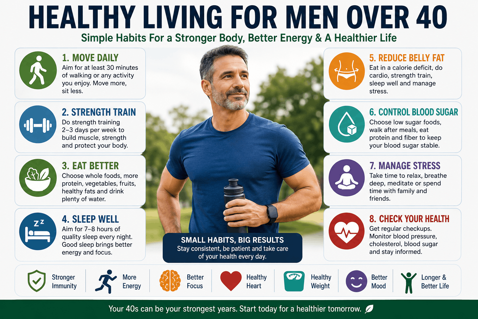Healthy Living for Men Over 40: Complete Guide to Fitness, Food, Belly Fat, Energy, Sleep, and Daily Habits