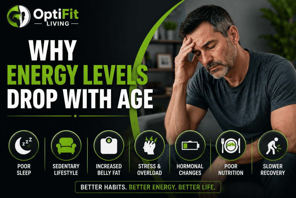 Middle-aged man feeling low energy with healthy lifestyle elements showing sleep, walking, strength training, and better nutrition