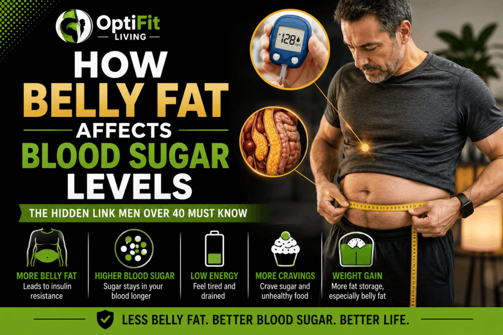 Middle-aged man measuring belly fat with blood sugar and healthy lifestyle icons showing the connection between waist size and glucose control