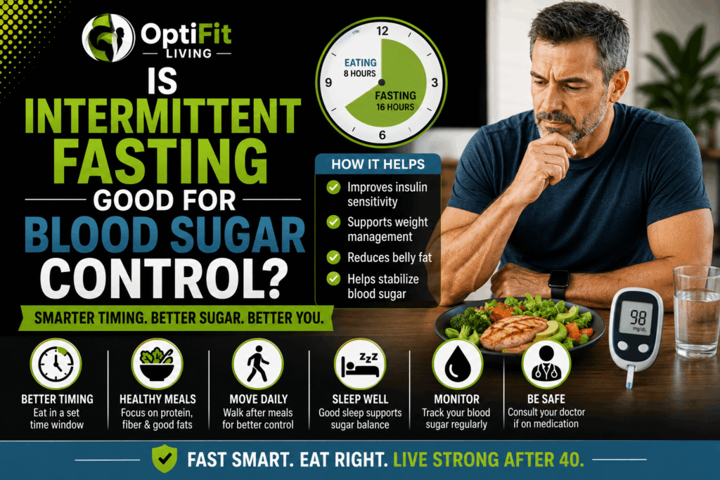 Middle-aged man checking meal timing and blood sugar while considering intermittent fasting for better blood sugar control after 40