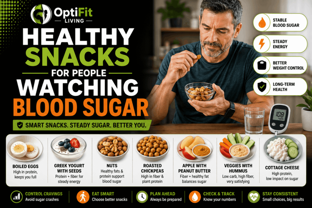 Middle-aged man choosing healthy snacks like eggs, yogurt, nuts, vegetables, and fruit to support steady blood sugar after 40