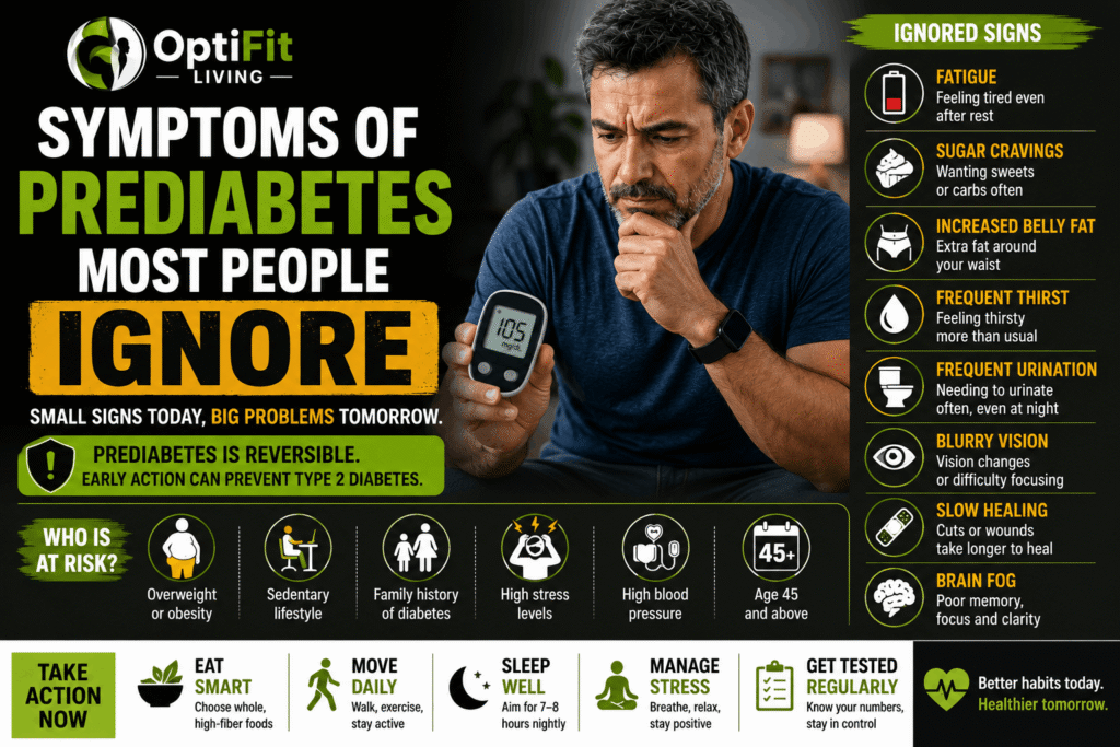 Middle-aged man noticing ignored prediabetes symptoms like thirst, tiredness, belly fat, cravings, and blurry vision