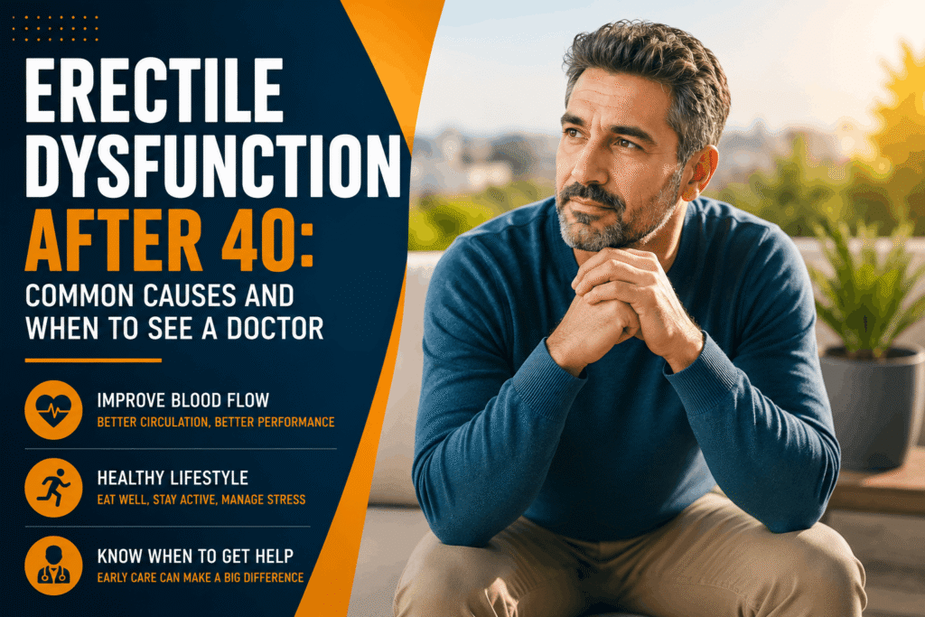 A confident man over 40 sitting calmly in a modern health setting, representing erectile dysfunction after 40 and men’s health awareness.
