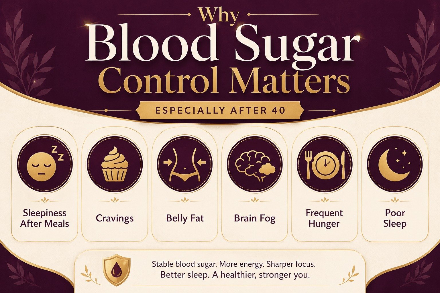Infographic showing why blood sugar control matters after 40 for men.