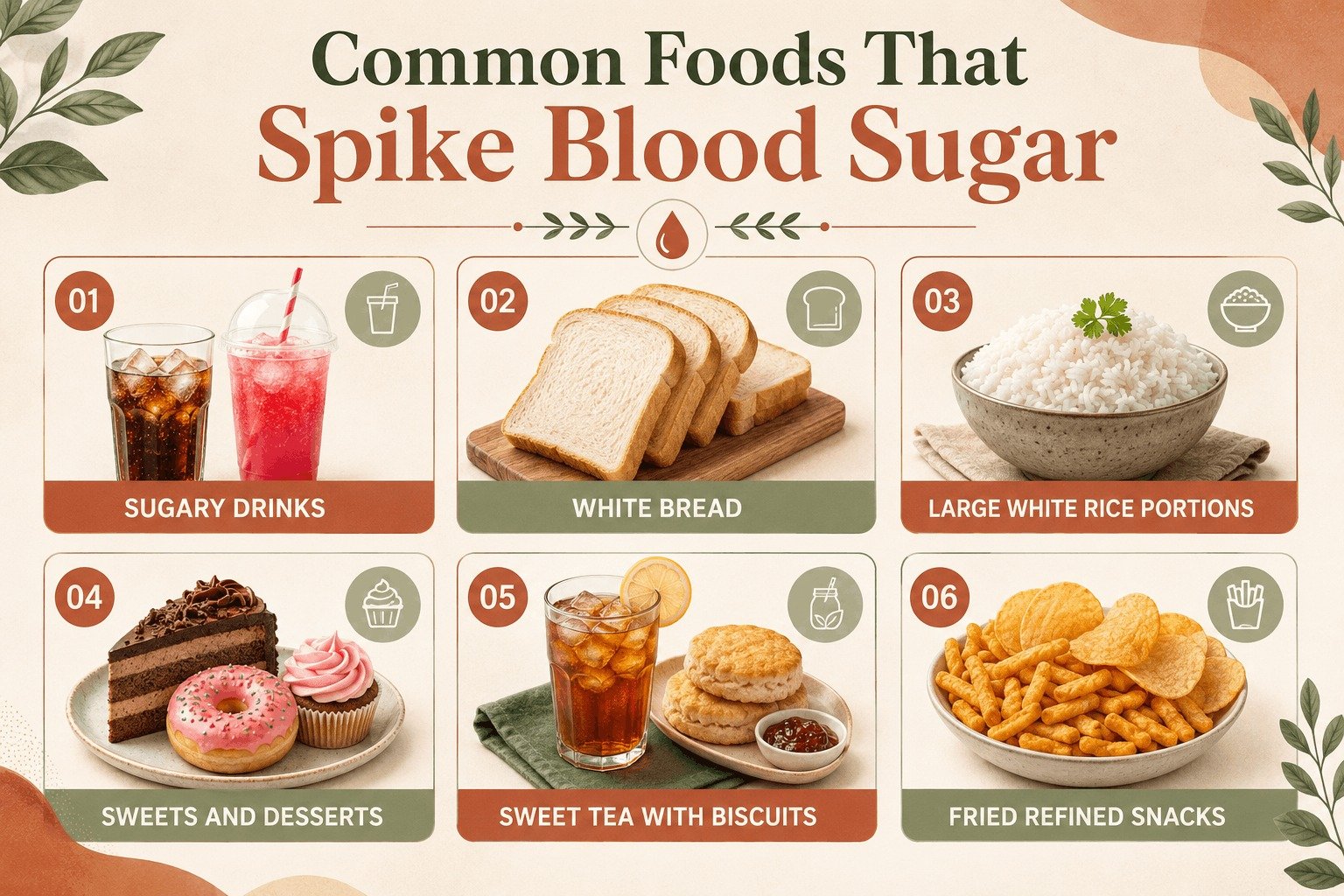 A grid graphic displaying common foods that cause blood sugar spikes, including sugary drinks, white bread, white rice, and fried snacks.