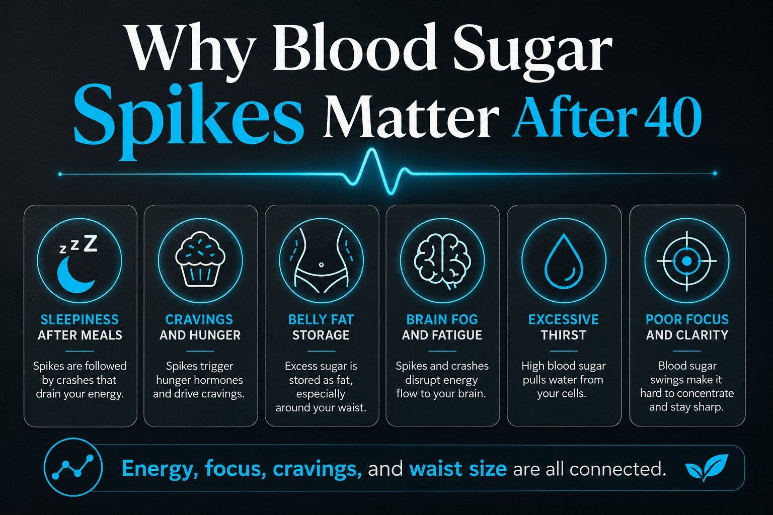 A dark blue health infographic highlighting why blood sugar spikes matter after age 40, showing connections between sleepiness, belly fat storage, and brain fog.
