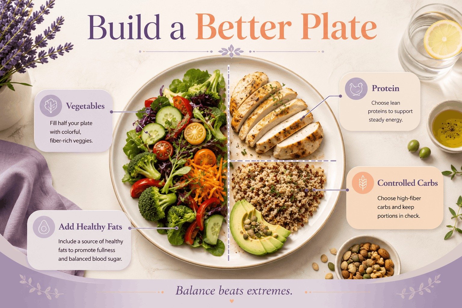 A healthy balanced food plate diagram split into half vegetables, one-quarter lean protein chicken, and one-quarter controlled complex carbohydrates to keep blood sugar stable.