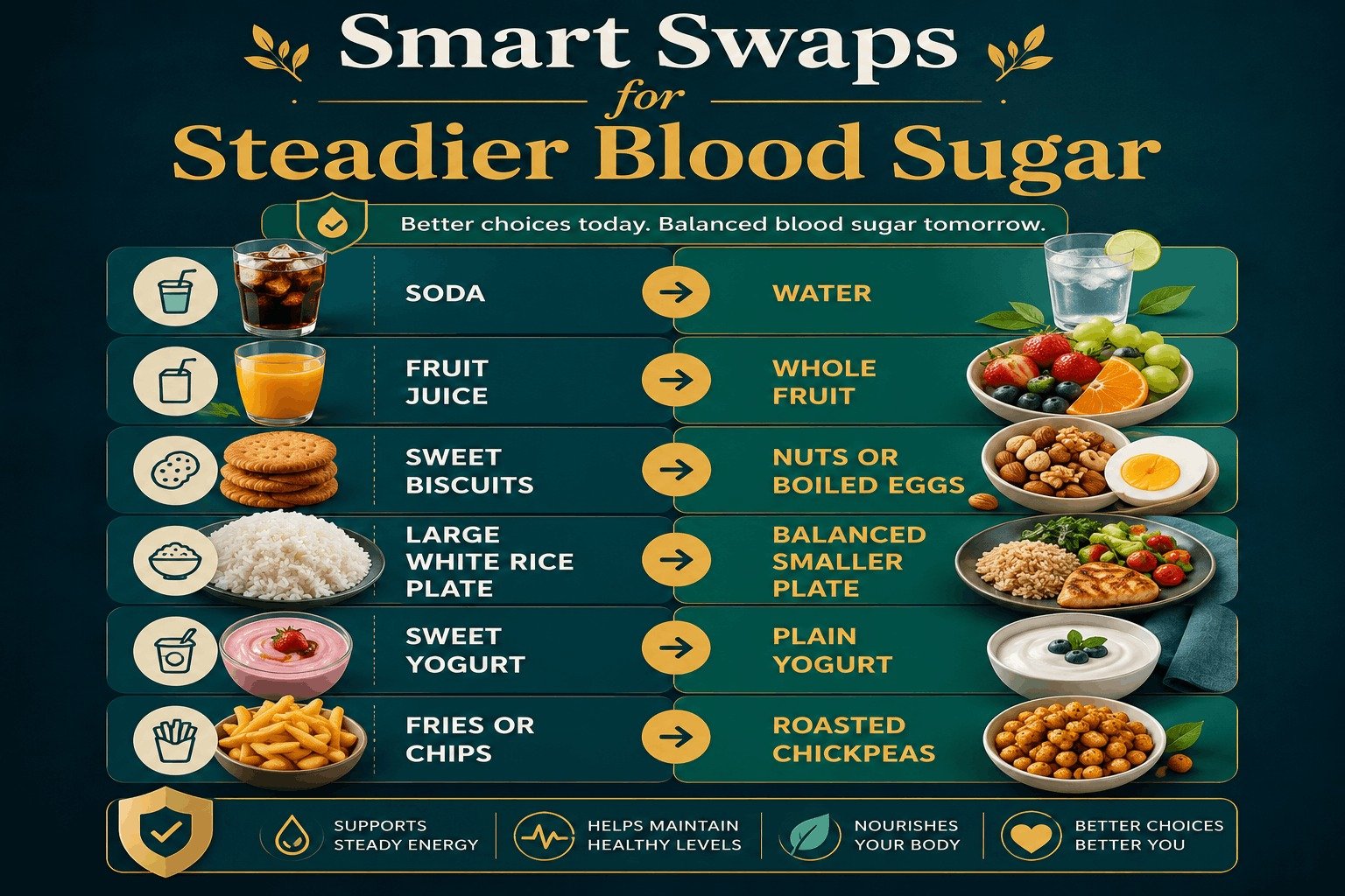 A comprehensive table chart showcasing smart swaps for steadier blood sugar, such as replacing soda with water and sweet biscuits with nuts or boiled eggs.