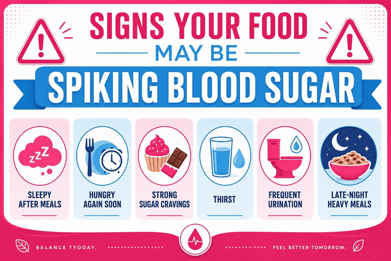 An infographic illustrating signs your food may be spiking blood sugar, including sleepiness after meals, strong sugar cravings, and excessive thirst.