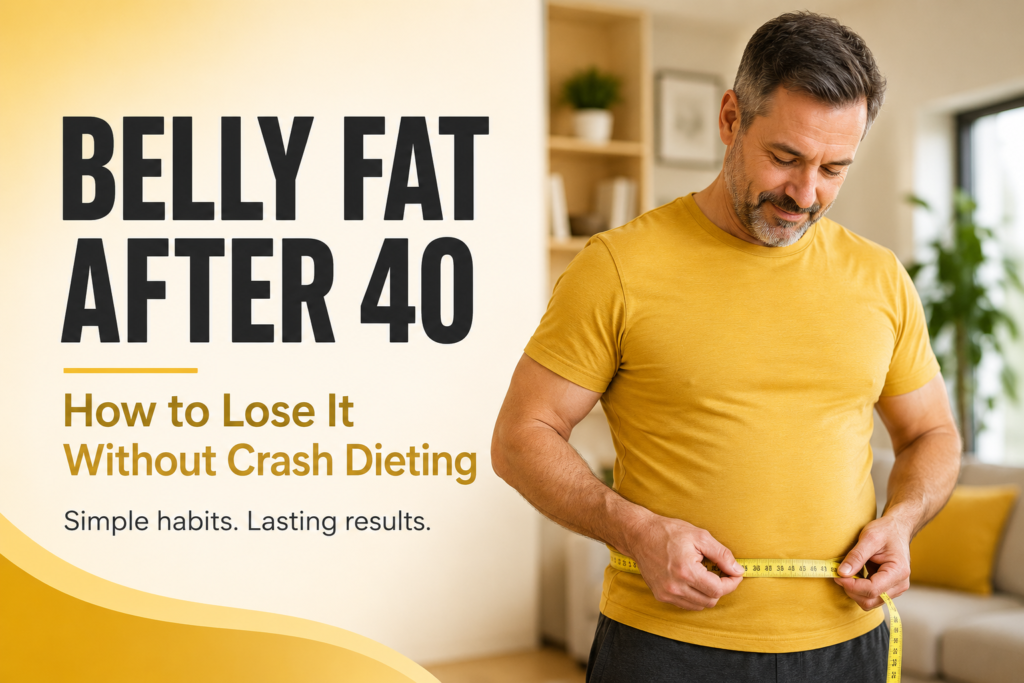 A fit man over 40 checking his waist with a measuring tape, text overlay 'Belly Fat After 40: How to Lose It Without Crash Dieting'