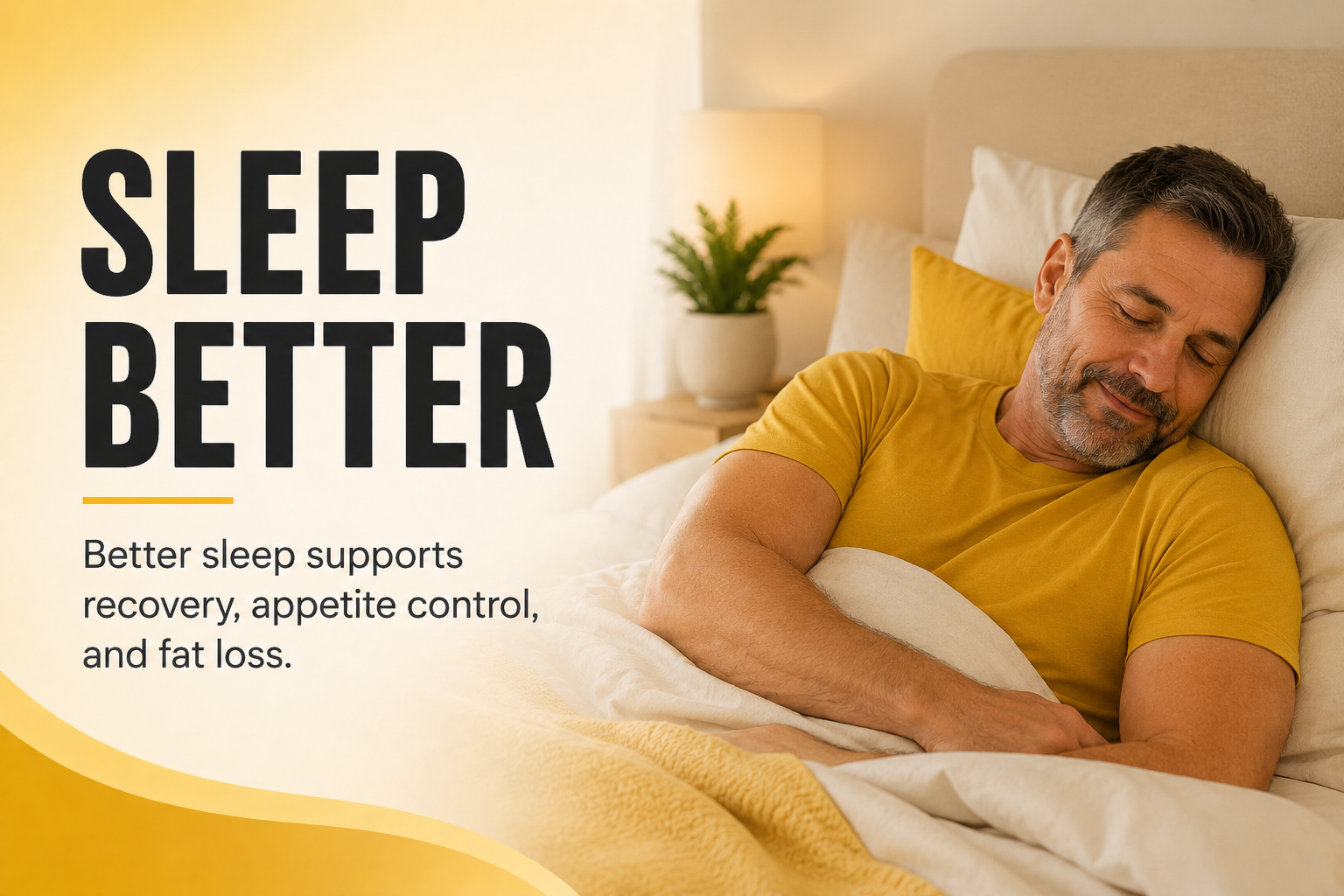 A relaxed man over 40 sleeping peacefully in a comfortable bed, text overlay 'Sleep Better'