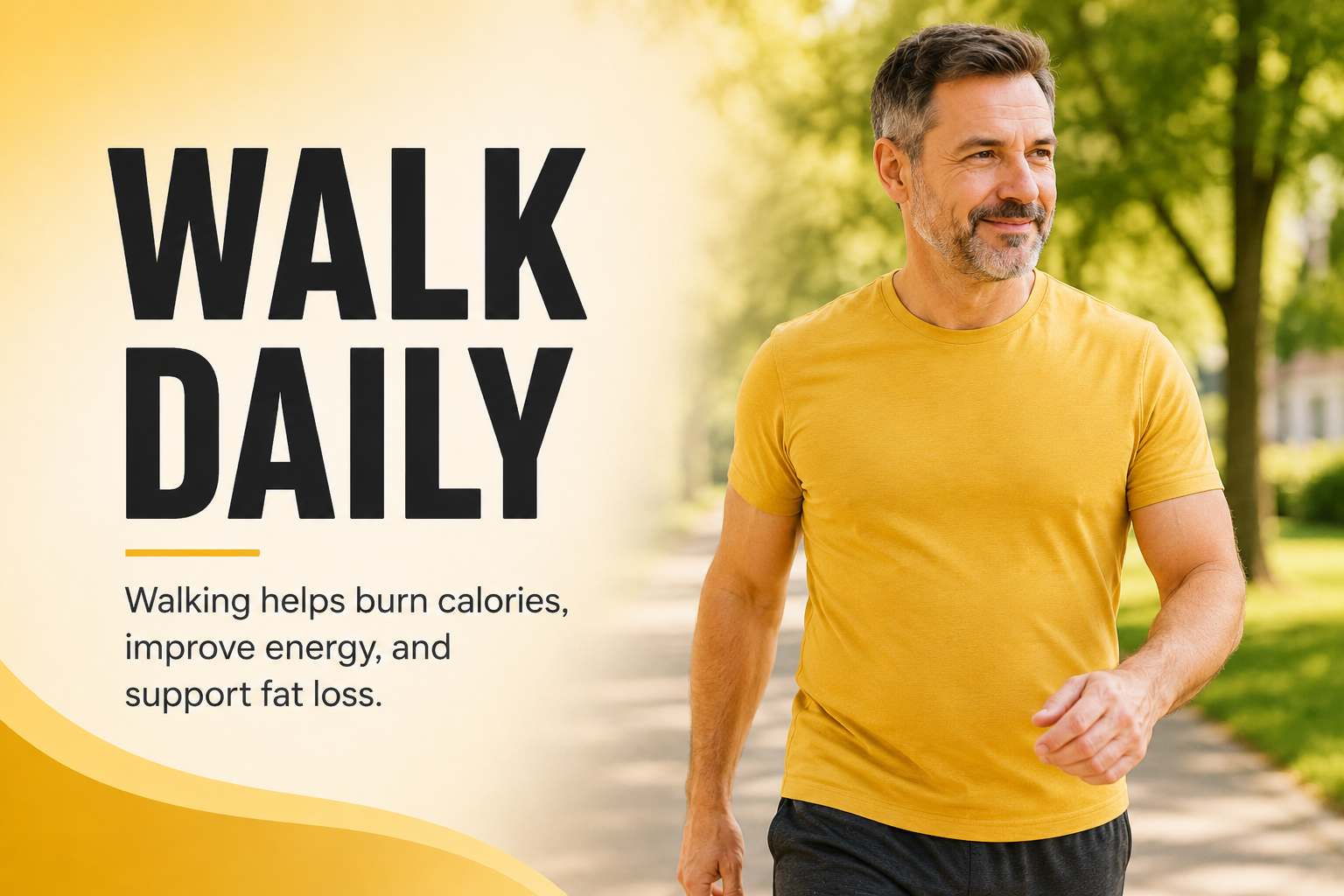 A smiling middle-aged man in a yellow t-shirt walking outside in a park, text overlay 'Walk Daily'