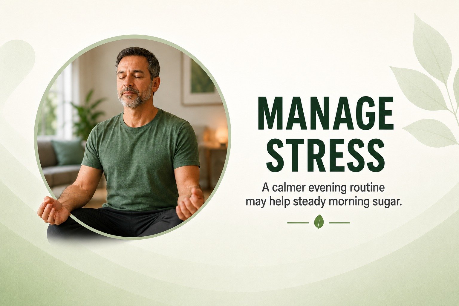 A middle-aged man practicing mindful meditation at home to manage stress and lower morning sugar.