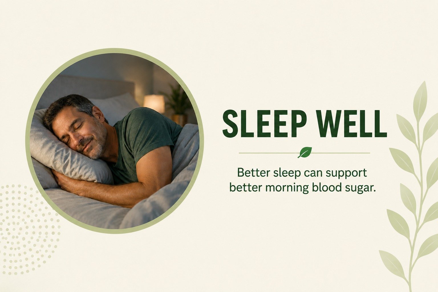 A man sleeping peacefully in bed, highlighting how good sleep support lowers morning blood sugar.